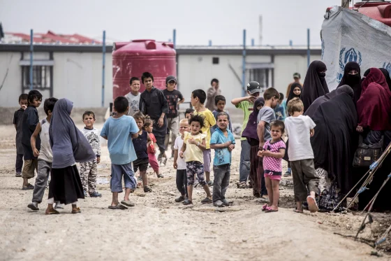 Women and children gather in front their tents at al-Hol camp in Hasakeh province, Syria, on May 1, 2021.Baderkhan Ahmad / AP file